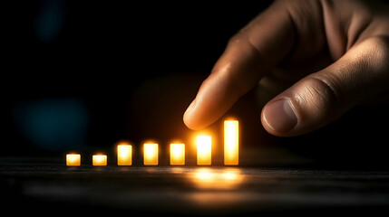 A hand reaches towards glowing bars of light, symbolizing growth and progress in a dark environment.