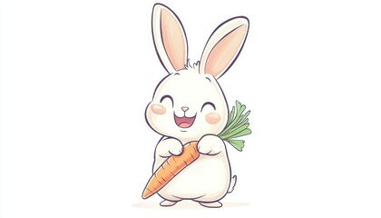 Obraz premium A cheerful white bunny with rosy cheeks happily clutches a vibrant orange carrot, its bright smile radiating pure joy and delight,
