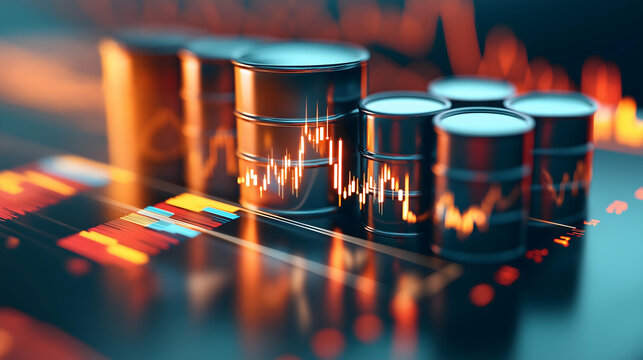 A digital representation of oil barrels beside a fluctuating graph, symbolizing market trends and financial analytics in the energy sector.
