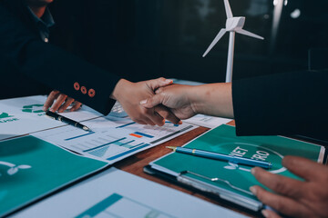 Carbon offset price report CO2 emission. Future growth Net zero waste in ESG ethical SME office protect climate change global warming social issues project. Group of asia people Eco friendly SDGs plan