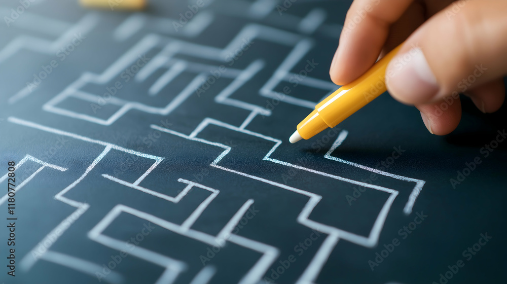 Poster a hand holding a yellow pen traces a maze design on a dark surface, symbolizing problem-solving and 