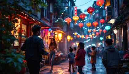 Obraz premium Enchanted Evening Stroll: A Night in China's Lantern-Lit Alley