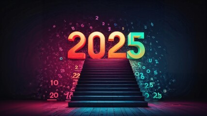 A staircase made of glowing numbers leading to 2025 at the top.