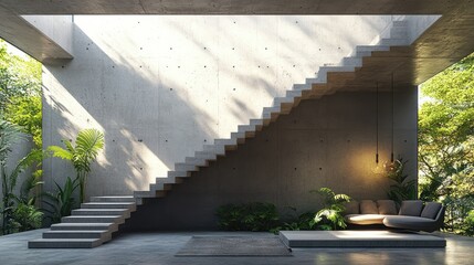 Modern concrete staircase in a minimalist home with lush tropical plants and natural sunlight.
