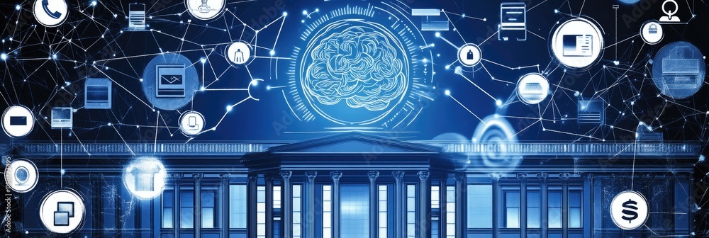 Poster a digital representation of interconnected technology and intelligence above a classical building.