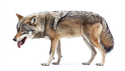 Naklejka premium A Majestic Timber Wolf in a Full Body Profile, Panting with Tongue Out, showcasing its Wild, Natural Beauty Against a Clean White Background