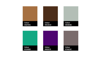A vibrant vector color palette featuring six distinct shades, ranging from earthy browns and greens to bold purples and muted grays, perfect for design inspiration and creative projects
