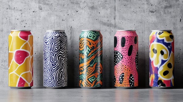 Colorful canned drinks on grey background