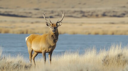 Fototapeta premium Majestic red deer stag stands in tall grass near a calm lake, looking directly at the camera.