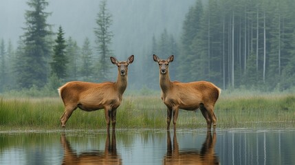 Fototapeta premium Two female deer stand in a misty mountain lake, their reflections mirrored in the still water.