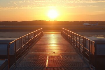 Fototapeta premium Sunset Overrunway with Bridge and Aircraft in Background