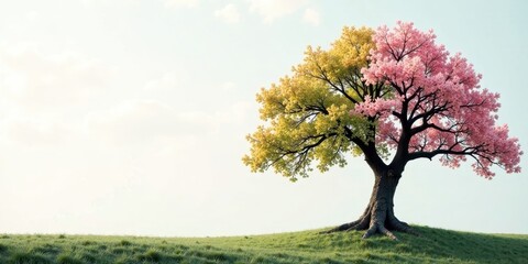 Fototapeta premium Serene Springtime Vista A Solitary Tree with Blossoms of Two Hues, Stands Majestically on a Gentle Slope of Verdant Grass Under a Pale Sky