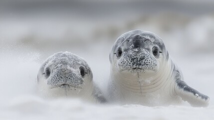 Obraz premium Two adorable baby seals playfully emerge from snow, showcasing their curious expressions and fluffy fur.