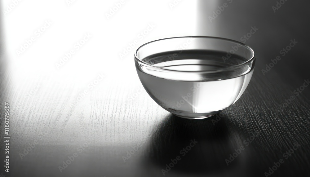 Poster a minimalistic monochrome image of a glass bowl filled with water, resting on a dark wooden surface 
