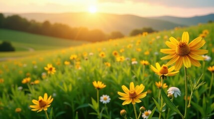 Obraz premium Golden Hour Meadow Vibrant Yellow Wildflowers Basking in the Sunset's Warm Glow