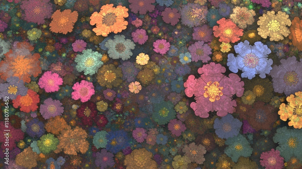 Poster a vibrant array of colorful floral patterns resembling a digital garden.