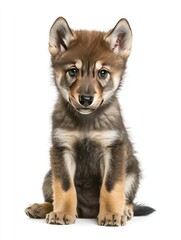 Fototapeta premium Portrait of an Adorable and Fluffy Wolf Puppy with Wide Eyes Sitting Patiently Against a White Background, Showing a Mix of Light and Dark Brown Fur