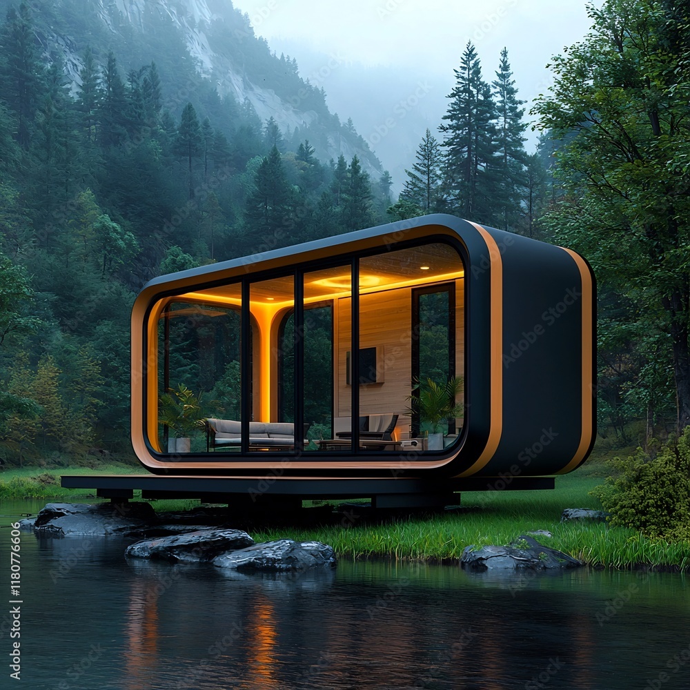 Poster conceptual and visionary modular building structures with clean lines and angular shapes designed fo