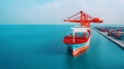 Obraz premium cargo ship at port, container crane, ocean - aerial view