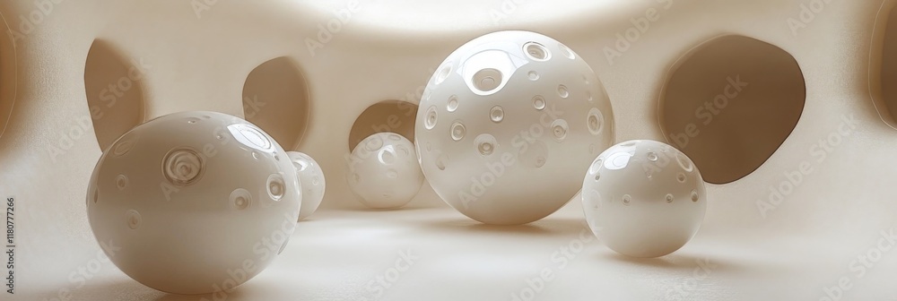 Poster abstract composition of spheres in a beige cave-like setting