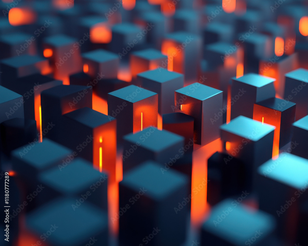 Poster abstract view of glowing cubes in a digital environment.