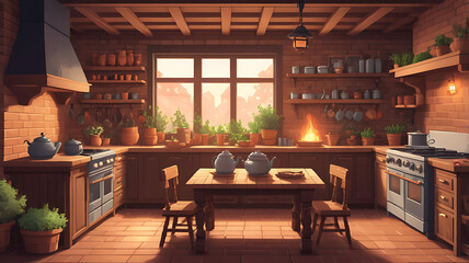 Illustration of a pixel art cozy cottage kitchen, with a wooden table, steaming teapot, shelves lined with jars and herbs, and a warm glow from a brick fireplace, perfect for casual simulation games.