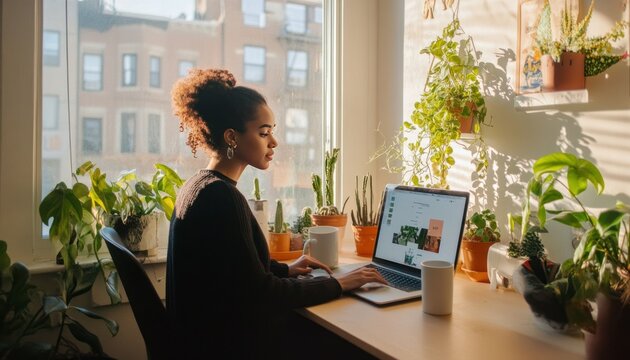 Sunlit Workspace, A Woman Working From Home Surrounded by Plants, Enjoying the Warmth and Productivity of a Natural Light-Filled Day