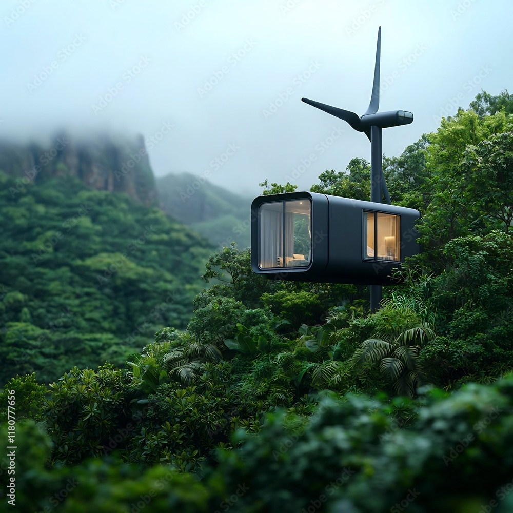 Poster a technologically advanced compact wind powered structure showcasing a blend of contemporary and ind