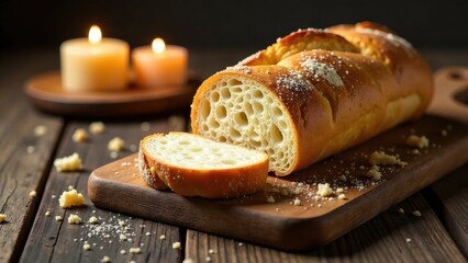 Artisan Loaf of Bread Sliced on Rustic Wooden Board with Candles in the Background, a Warm and Inviting Still Life
