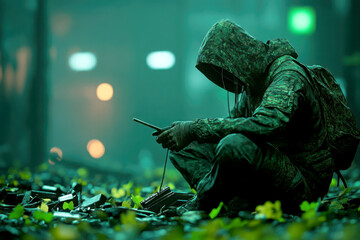 Solitary figure in a hoodie sits amidst urban decay and nature.