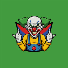 An illustration of an angry evil clown giving the middle finger gesture.