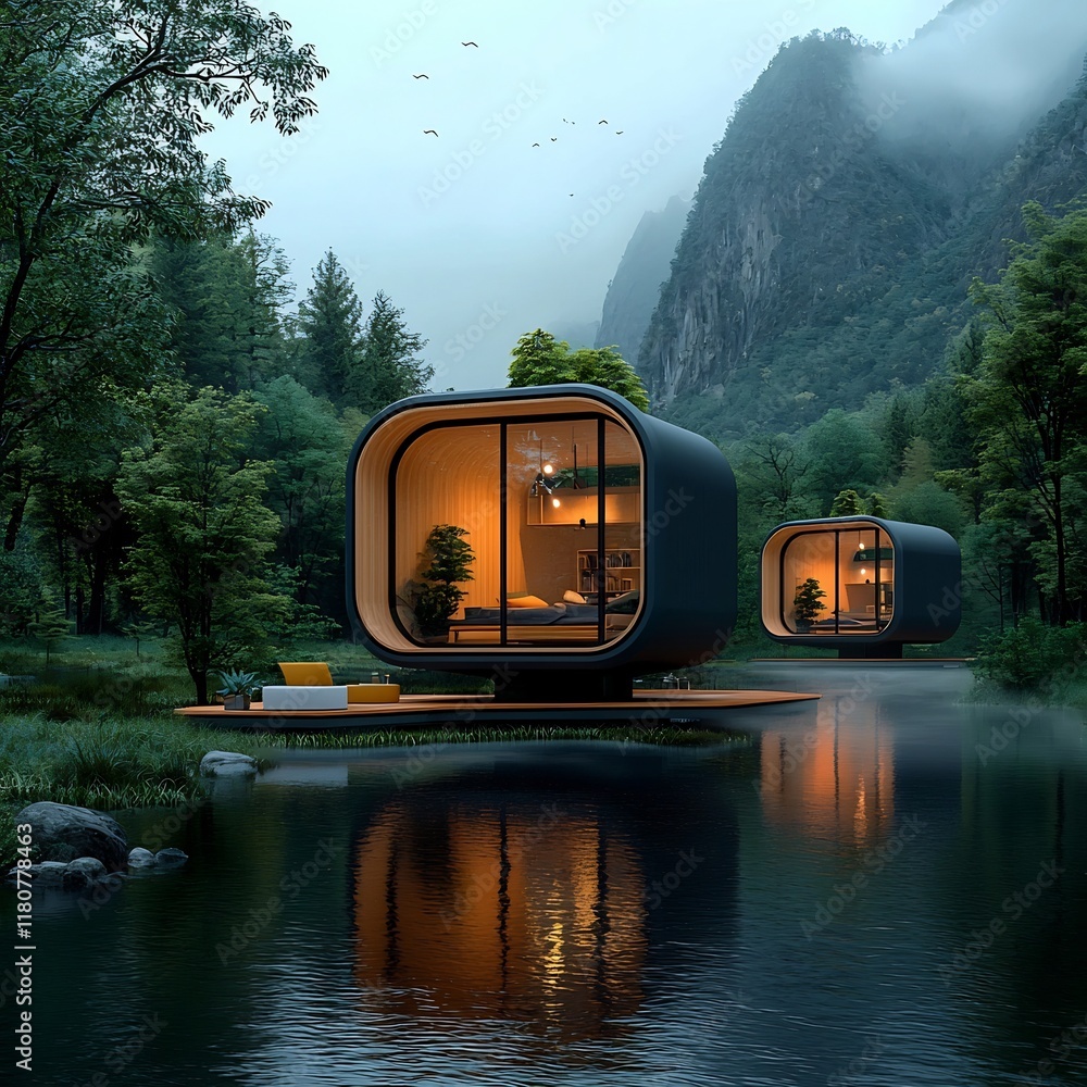 Poster modular and adaptable architectural structures nestled in a serene lakeside landscape offering a con