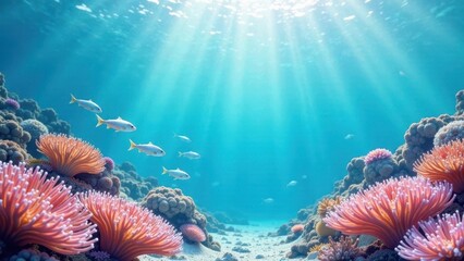 Sunlit Ocean Depths Reveal Vibrant Coral Reef and Graceful Fish Swimming