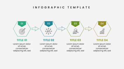 Modern infographic template with 4 options. Business process with icons and hexagonal shape.