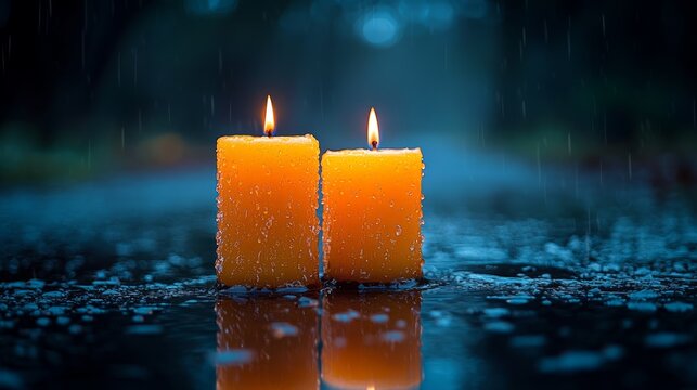 Two lit candles burning in the rain, reflecting in a puddle.