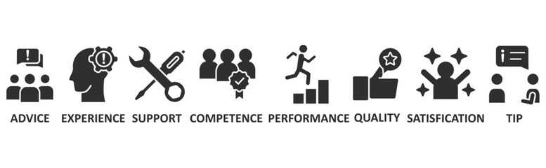 Service icon set illustration concept with icon of advice, experience, support, competence, performance, qaulity, satisfication, tip