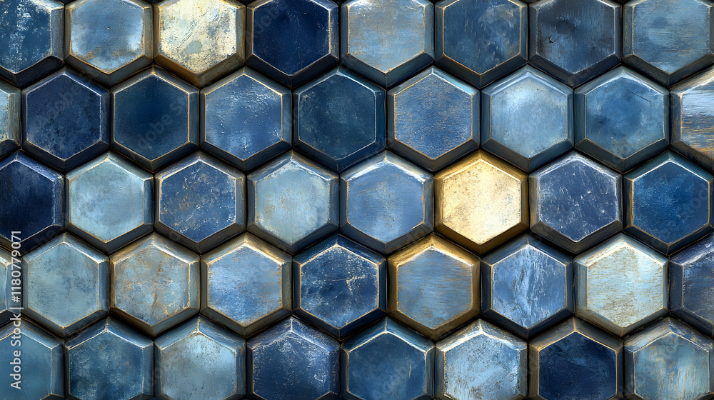 Poster abstract hexagonal pattern background. deep blue and gold textured hexagons create a visually striki