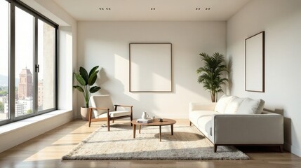 Modern minimalist living room design featuring a neutral color palette, ample natural light, and comfortable seating arrangements.