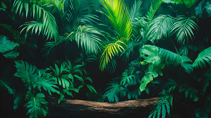 Lush green tropical foliage background with a weathered log in the foreground, perfect for design projects or nature-themed presentations.