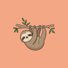 A cute cartoon sloth hangs upside down from a tree branch with green leaves a peaceful scene. © anissa