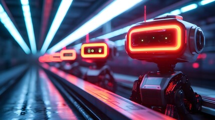 Fototapeta premium futuristic robots on conveyor belt - cyberpunk aesthetic