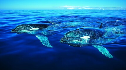 Fototapeta premium Two orcas swimming in the ocean, showing their sleek bodies and distinctive markings.