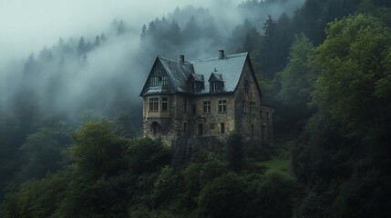 Fototapeta premium Foggy forest house, mystical, old, abandoned.