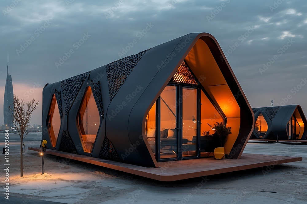 Poster collapsible and transformable geometric metal shelter with interlocking components in minimalist arc