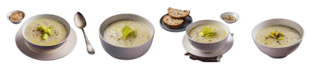 Bowl of vegetarian cream soup with oats and celery on transparent background
