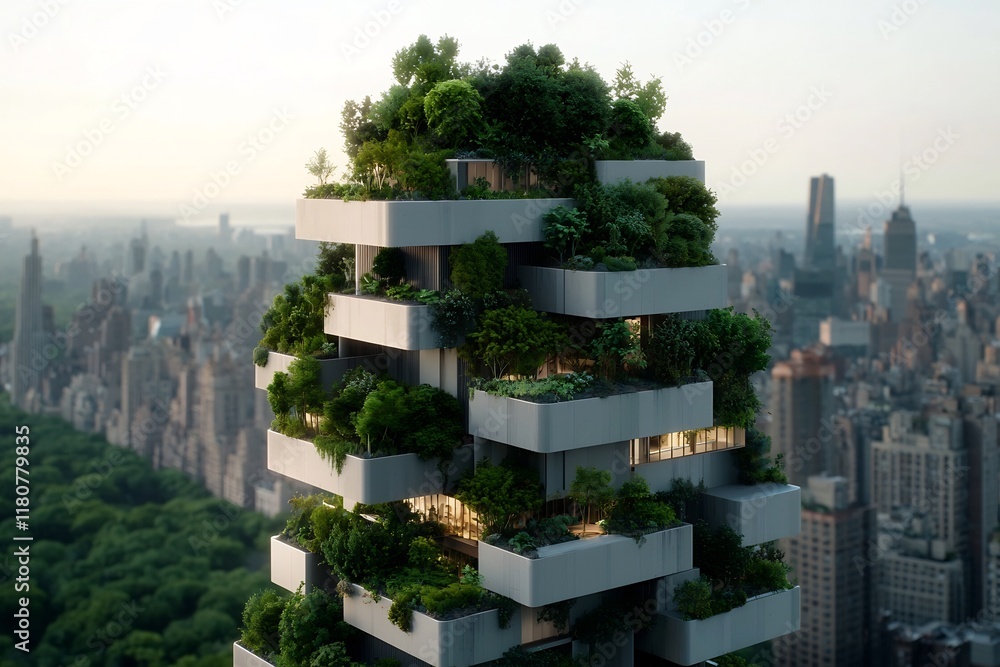Poster bioclimatic skyscraper featuring dense vegetation overgrowth modular geometric forms and energy effi