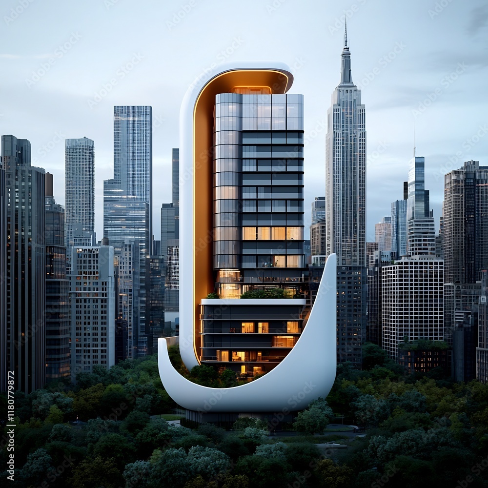 Poster a cutting edge ai powered smart skyscraper with a bold sculptural silhouette and a facade that respo