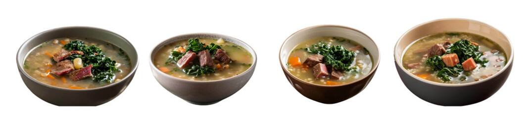 Brisket barley soup with crispy kale of transparent background