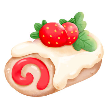 Strawberry Yamroll adorable, cute creamy watercolor children book illustraion hand draw
