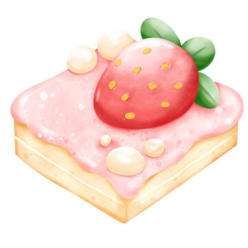 easter strawberry pink cream cake watercolor hand draw isolated on white